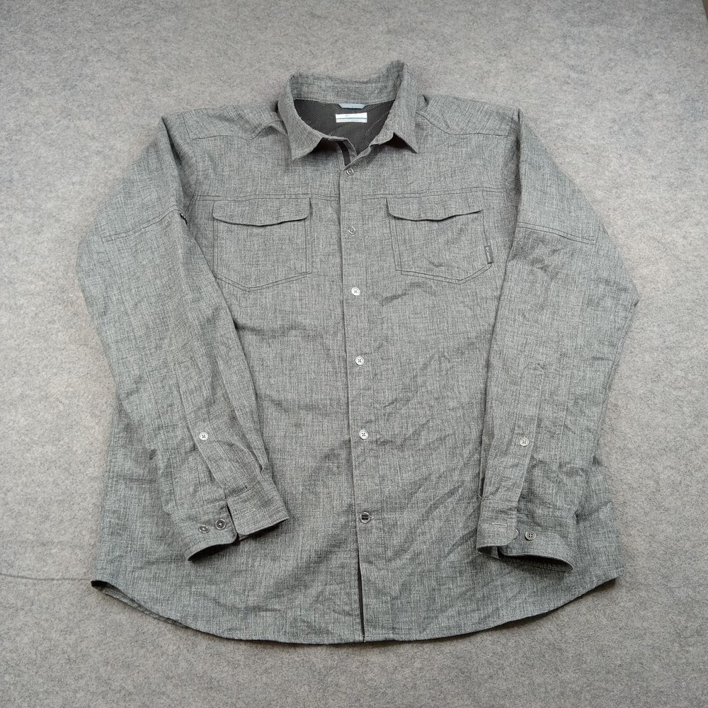 Columbia Shirt Mens XL Gray Solid Polyester Button Front Long Sleeve Casual